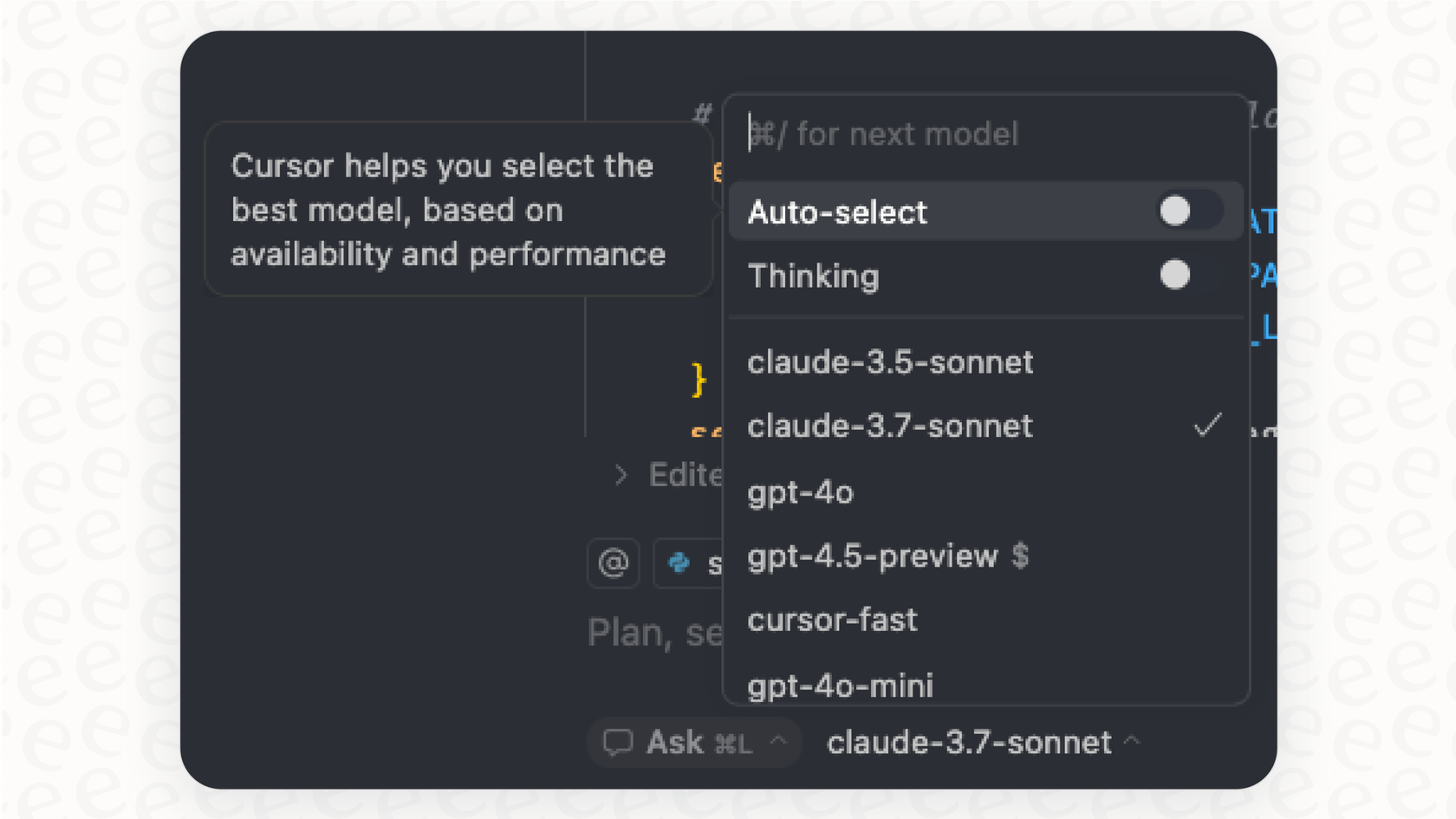 A screenshot from Anysphere's Cursor showing the different AI models available for selection.