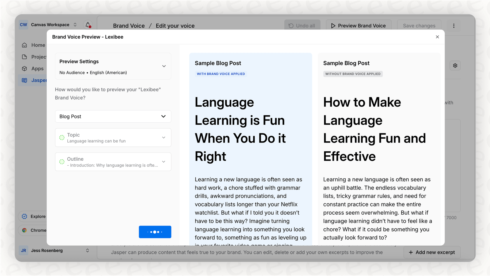 Screenshot detailing the Brand Voice setup in Jasper AI, a core topic of this Jasper overview.