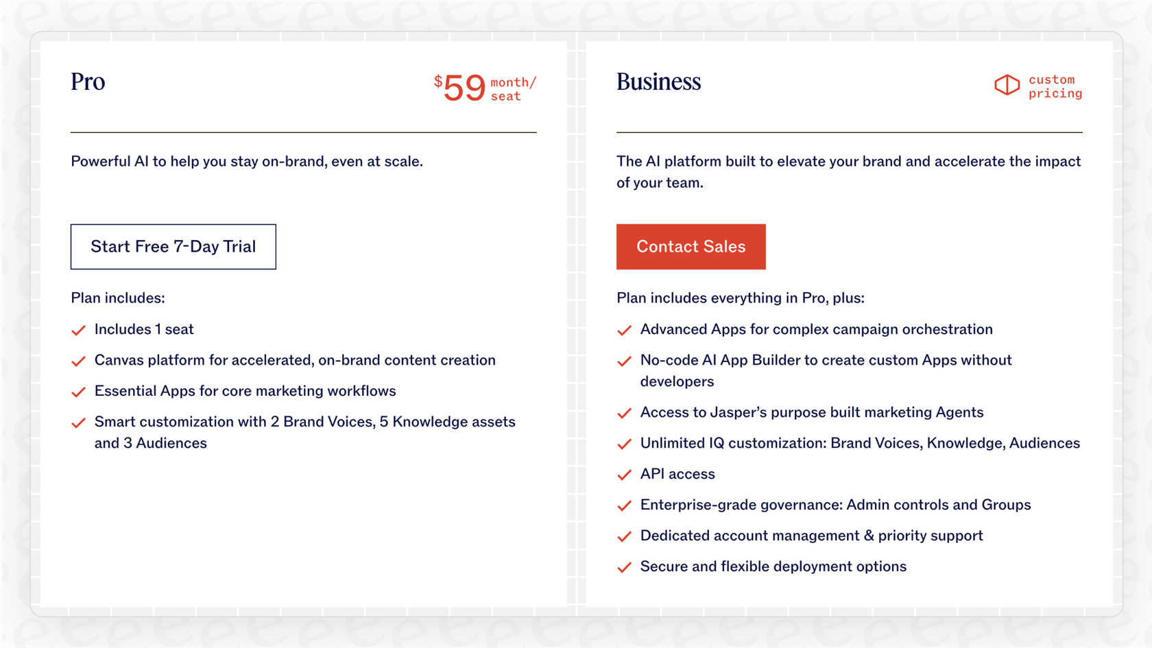 A clear view of the features offered in the Pro tier of the Jasper pricing model, including user seats, Brand Voices, and access to essential apps.