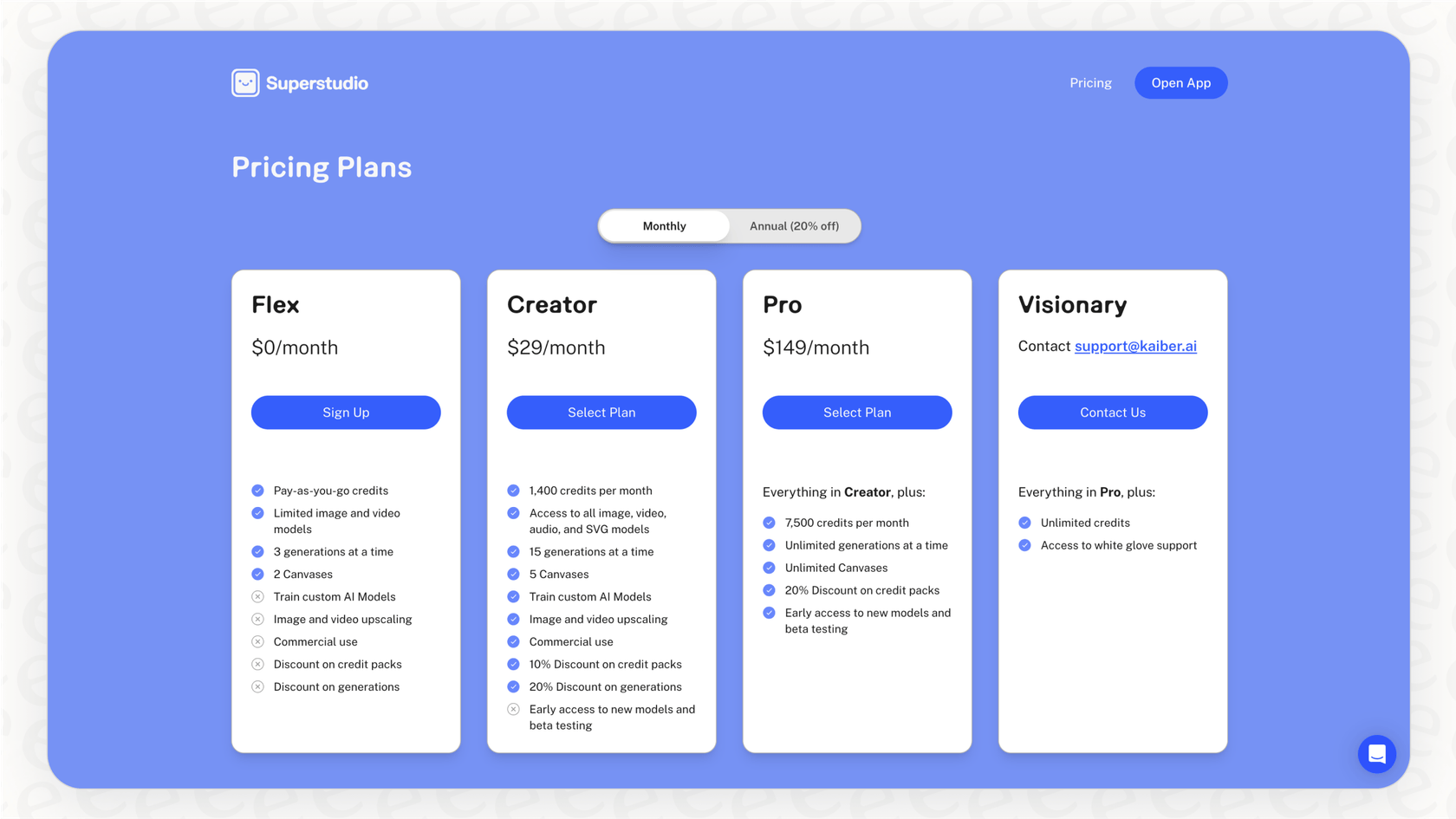 A screenshot of Kaiber's pricing page