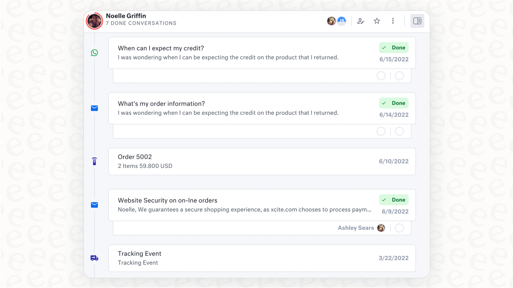 Screenshot showing Kustomer's unified customer timeline, a key difference in the Zendesk vs Kustomer debate.