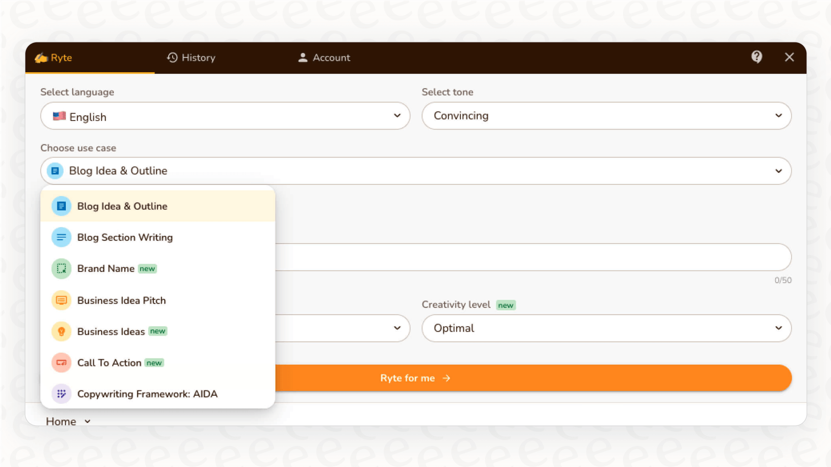 A detailed screenshot for a Rytr overview, showing the different types of content and copy the AI can generate for marketing and sales.