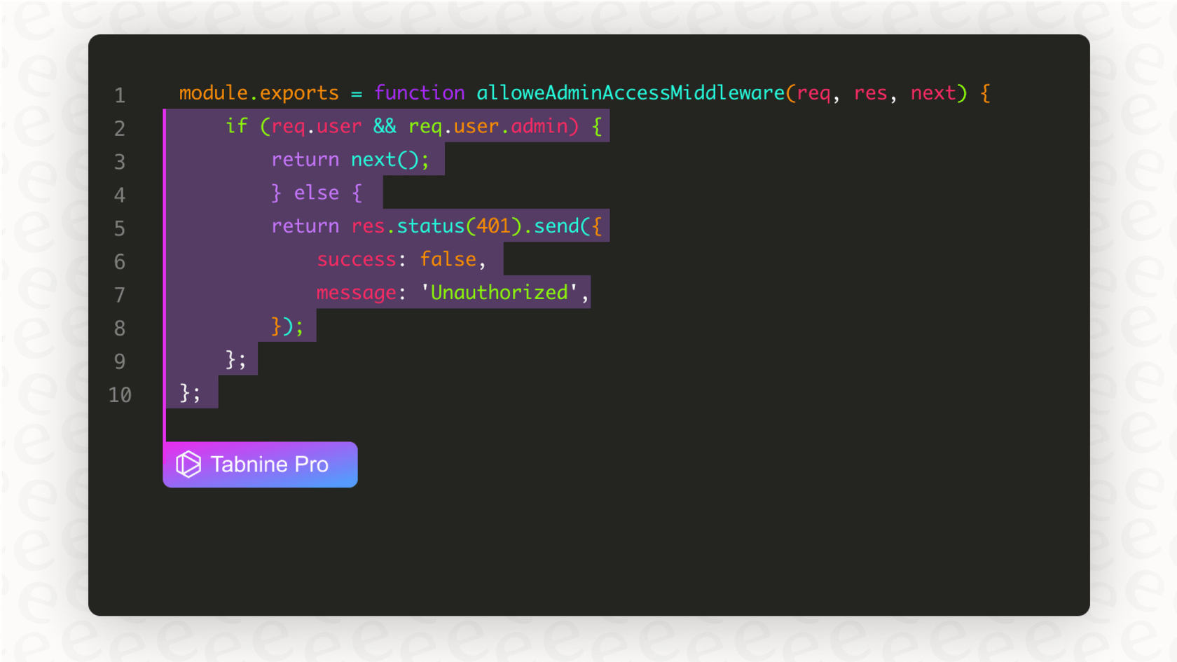 An example of Tabnine's AI suggesting a block of code in a development environment, illustrating a core feature of its pricing tiers.