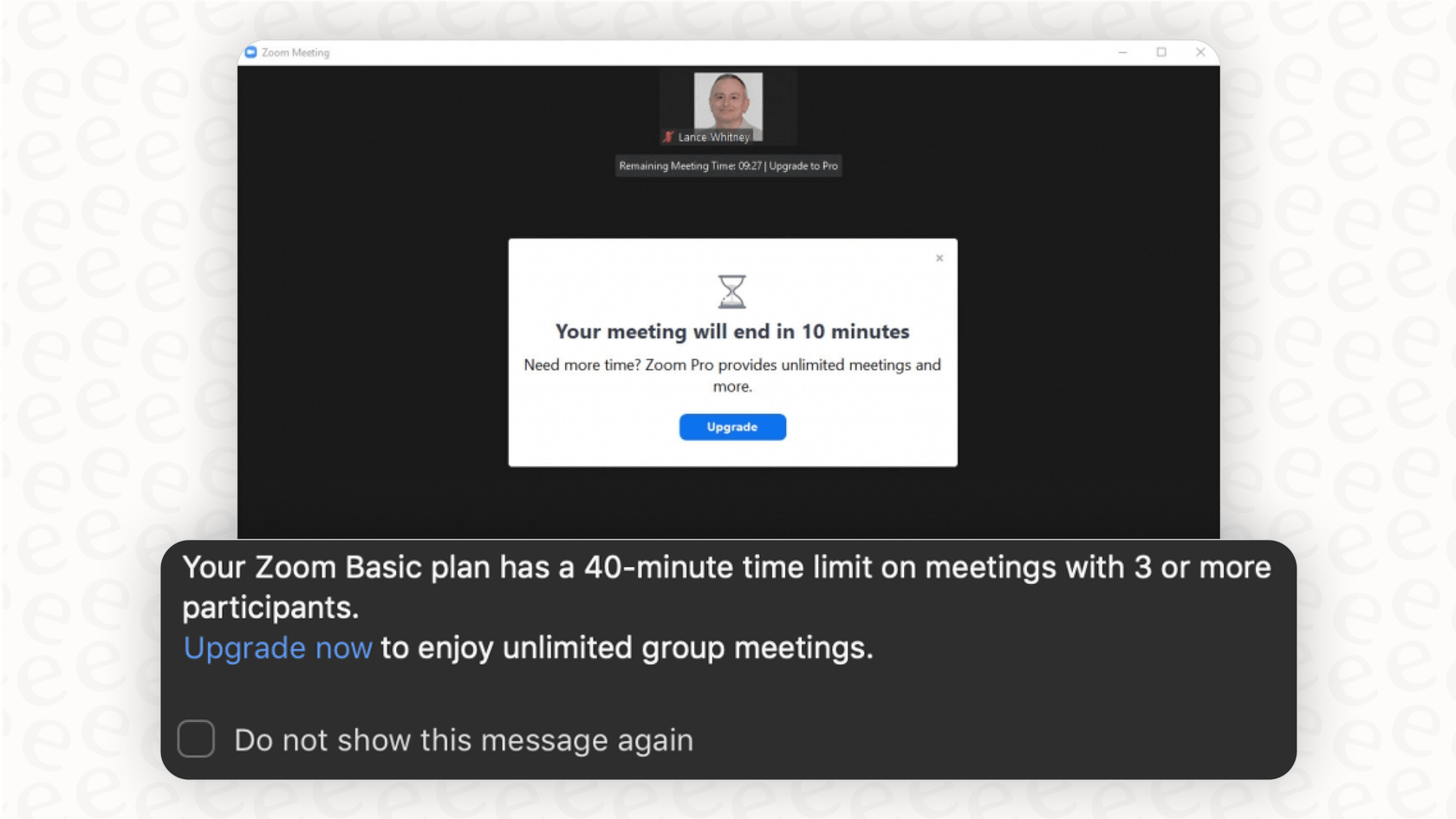 The 40-minute meeting limit shown in the Zoom app, which influences decisions on Zoom pricing tiers.