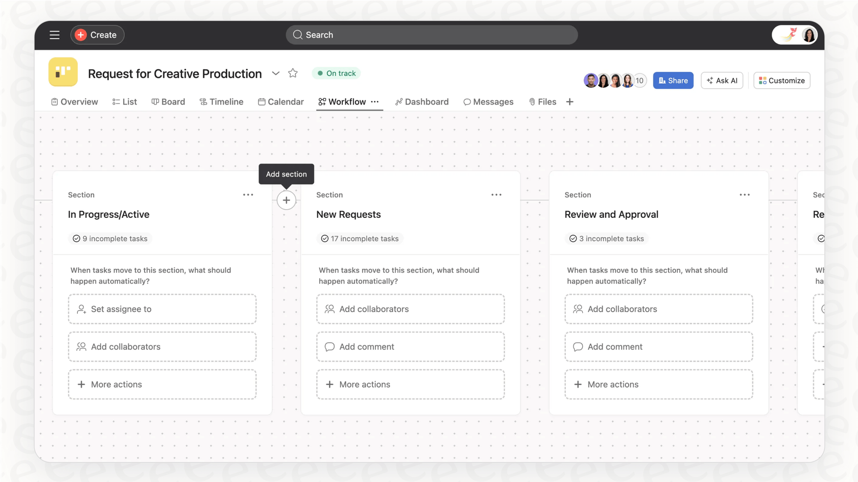 A screenshot for this Asana overview demonstrating the Workflow Builder, which allows teams to automate repetitive tasks and processes.