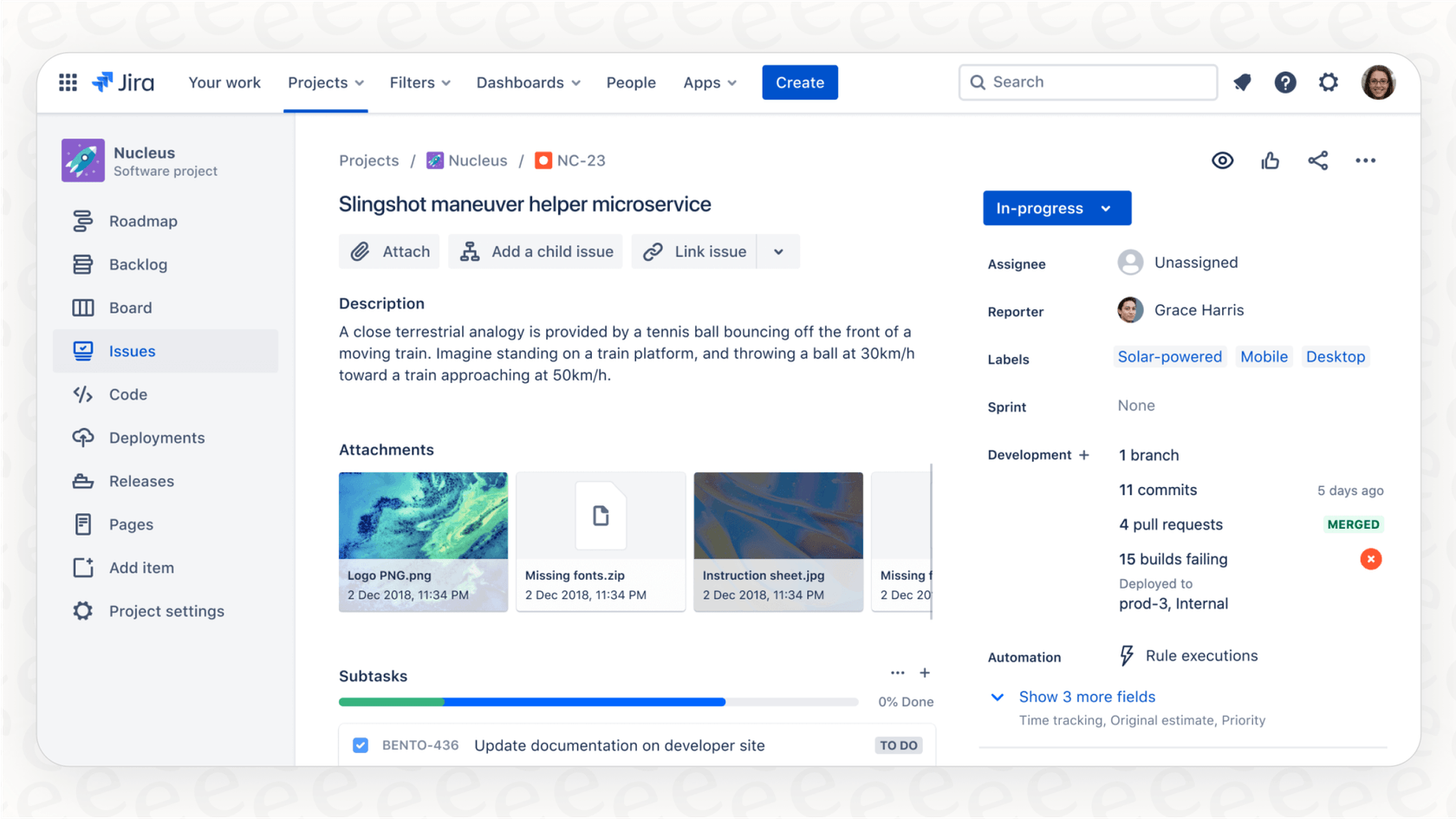 An extensive Bitbucket overview of the Jira integration, showing a project ticket connected to code commits.