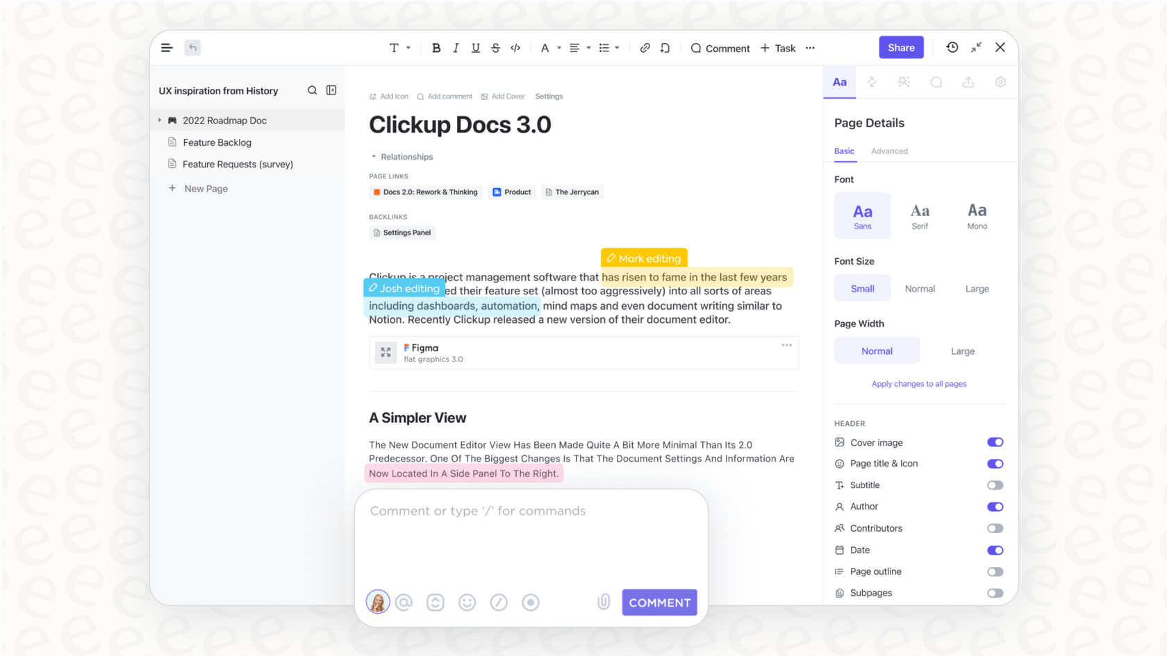 Captura de ecrã a fornecer uma visão geral da funcionalidade ClickUp Docs, mostrando membros da equipa a colaborar num documento em tempo real.