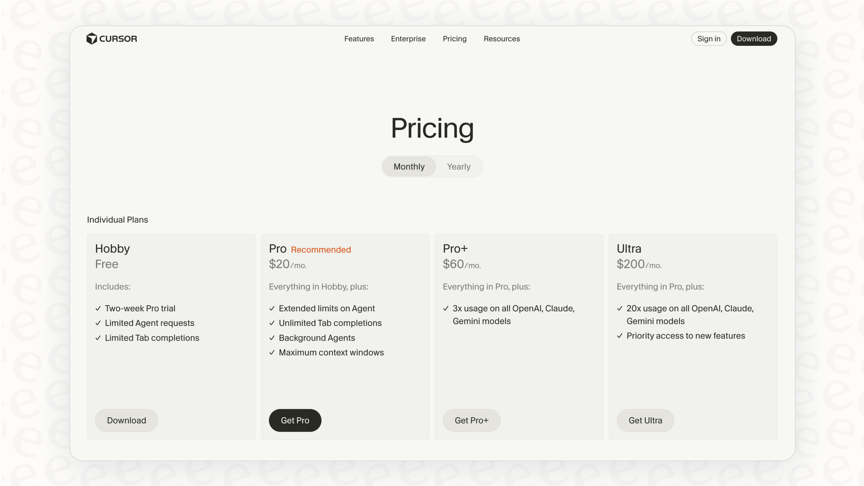 A screenshot of the official pricing page for Anysphere's Cursor, showing the different plans available.