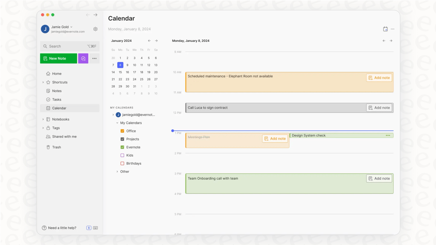 Una captura de pantalla para este resumen de Evernote que muestra cómo las tareas y los eventos de Google Calendar pueden conectarse directamente dentro de una nota.