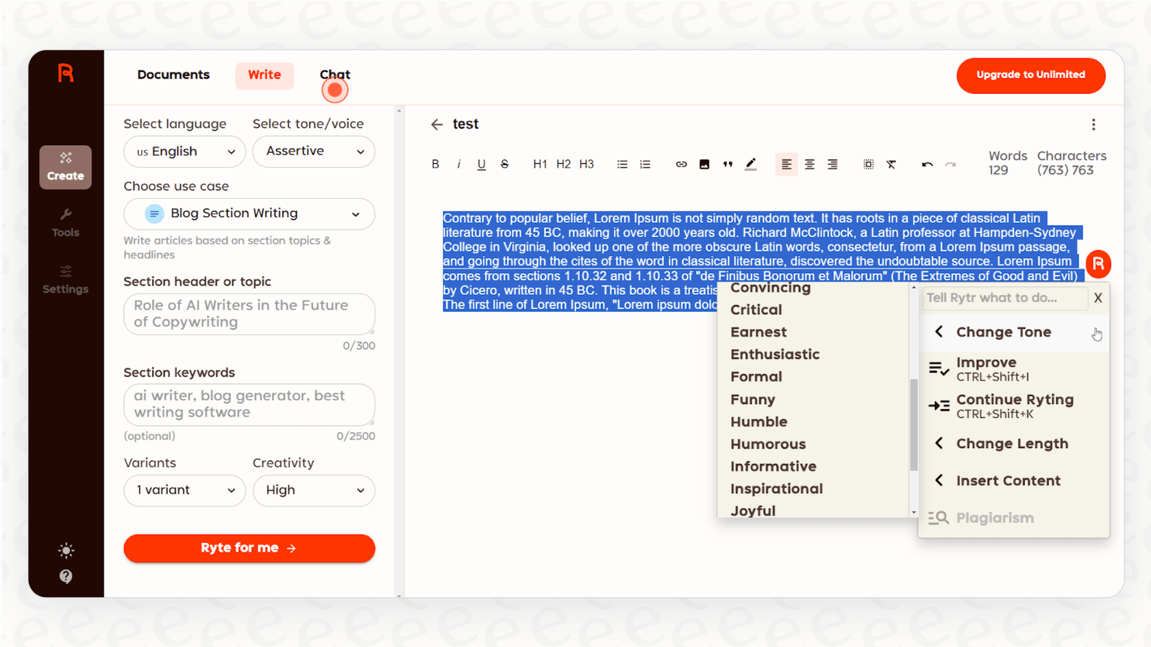 A close-up screenshot for a Rytr overview, demonstrating the contextual menu for editing and improving text directly within the platform.