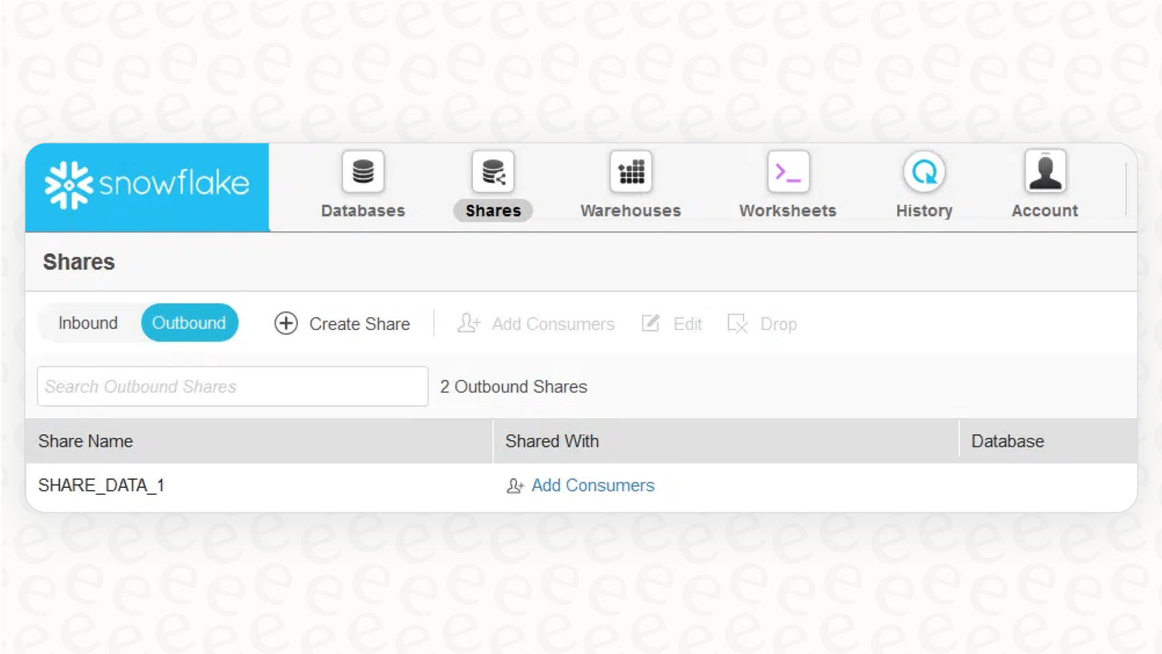 A screenshot for this Snowflake overview showing how to securely share live data with partners or other departments using the Snowflake data sharing interface.