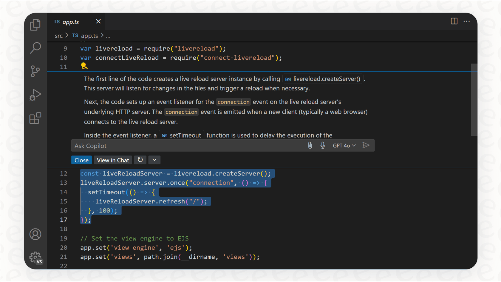 A screenshot of GitHub Copilot in VS Code, a key feature for teams considering Bitbucket alternatives.::