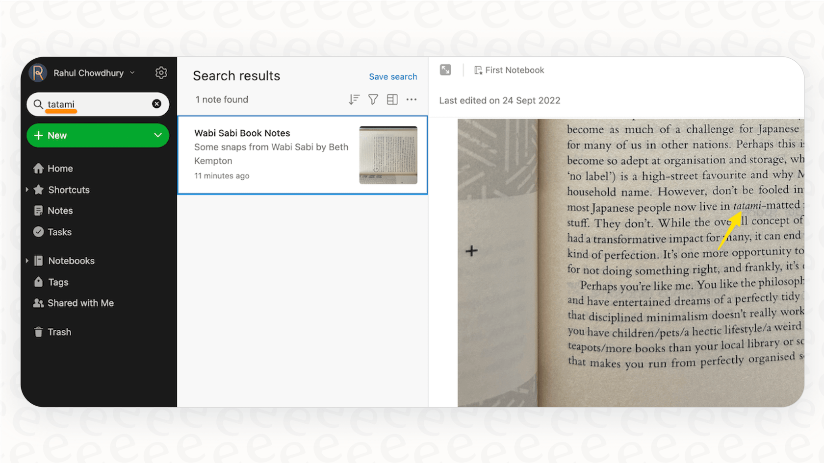 Screenshot showcasing Evernote's search feature finding text within a PDF, a key value proposition for the current Evernote pricing structure.