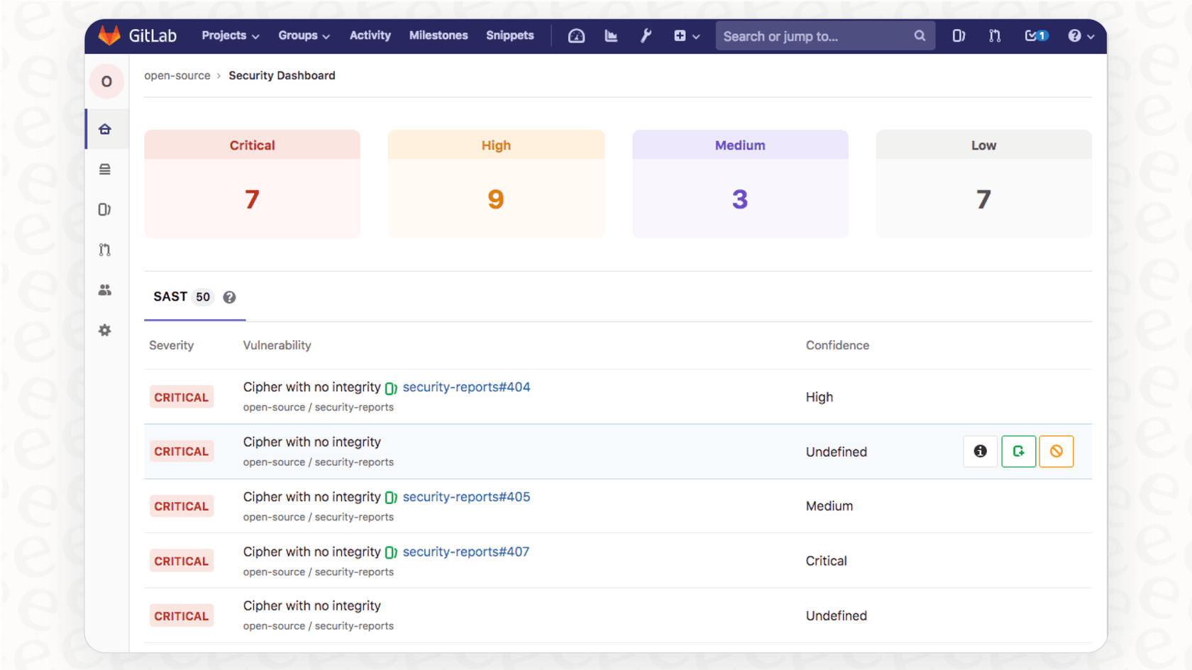 A GitLab overview of the security dashboard, showing how the platform reports on vulnerabilities like SAST and DAST findings.