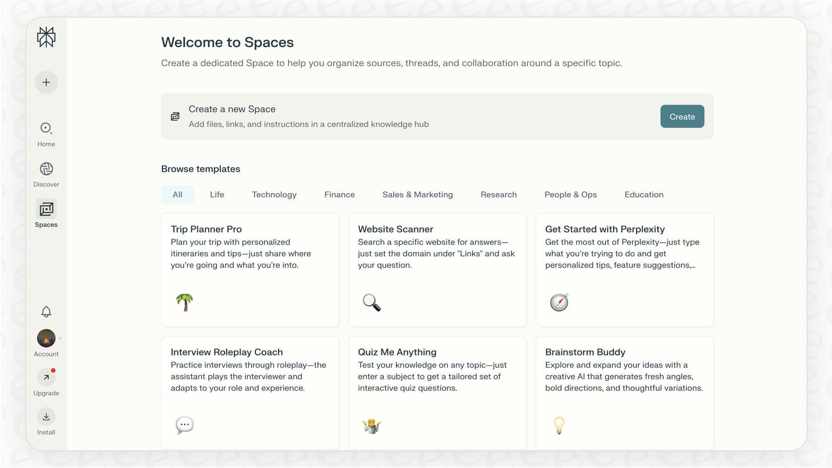 A screenshot for a Perplexity overview, demonstrating how the Collections feature helps organize research into distinct, shareable spaces.