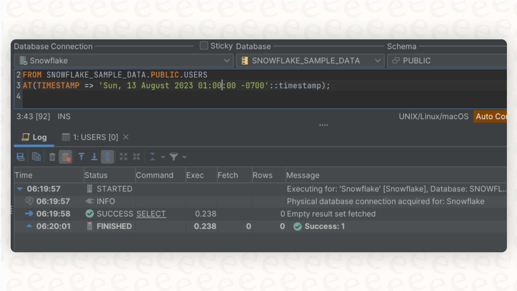 A screenshot providing a Snowflake overview of the Time Travel feature, showing a SQL query that accesses historical data from a specific point in the past.
