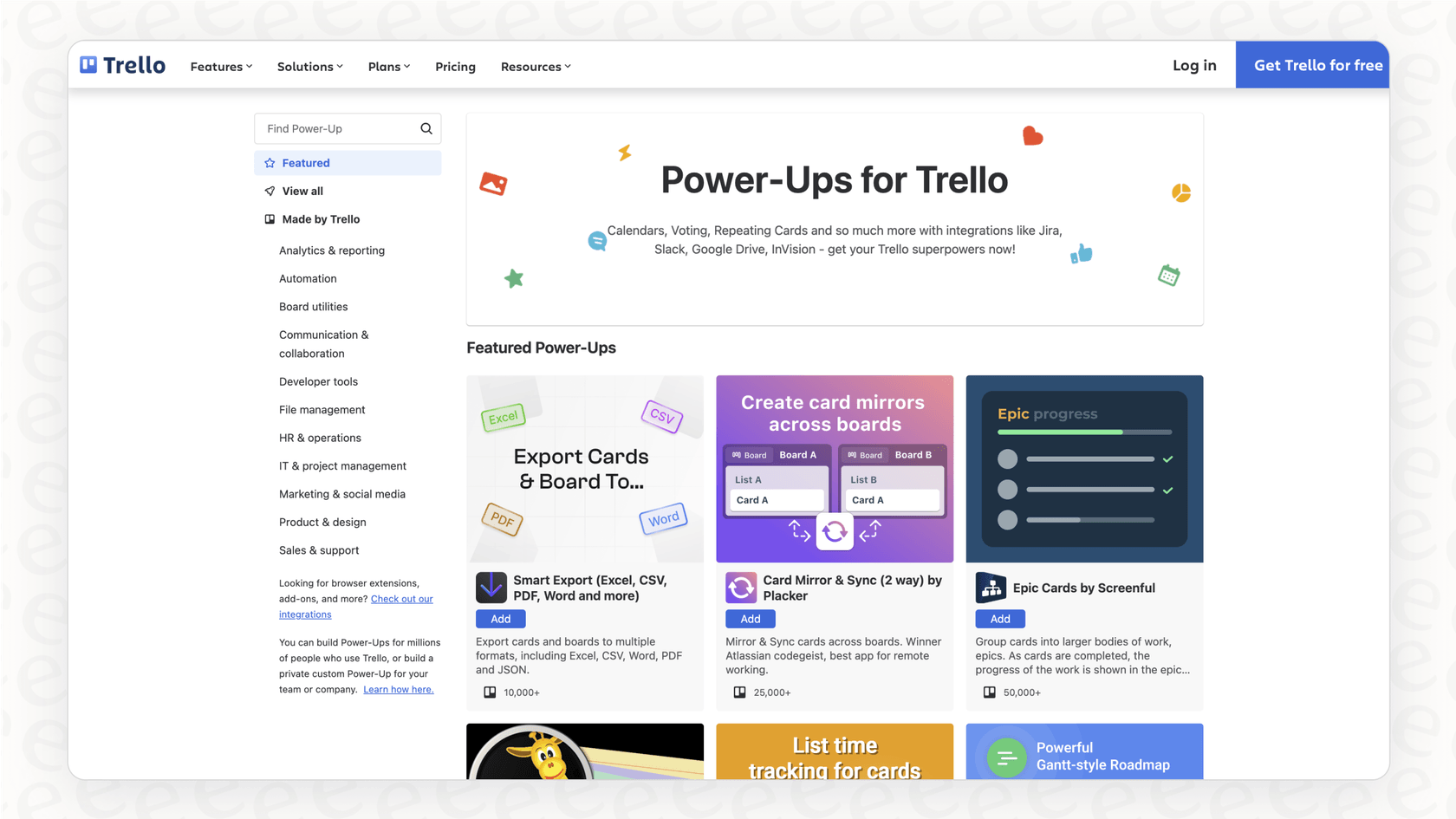 Trelloの機能を拡張し、Trelloの料金プランに含まれる連携機能を提供するTrello Power-Upsマーケットプレイスのスクリーンショット。