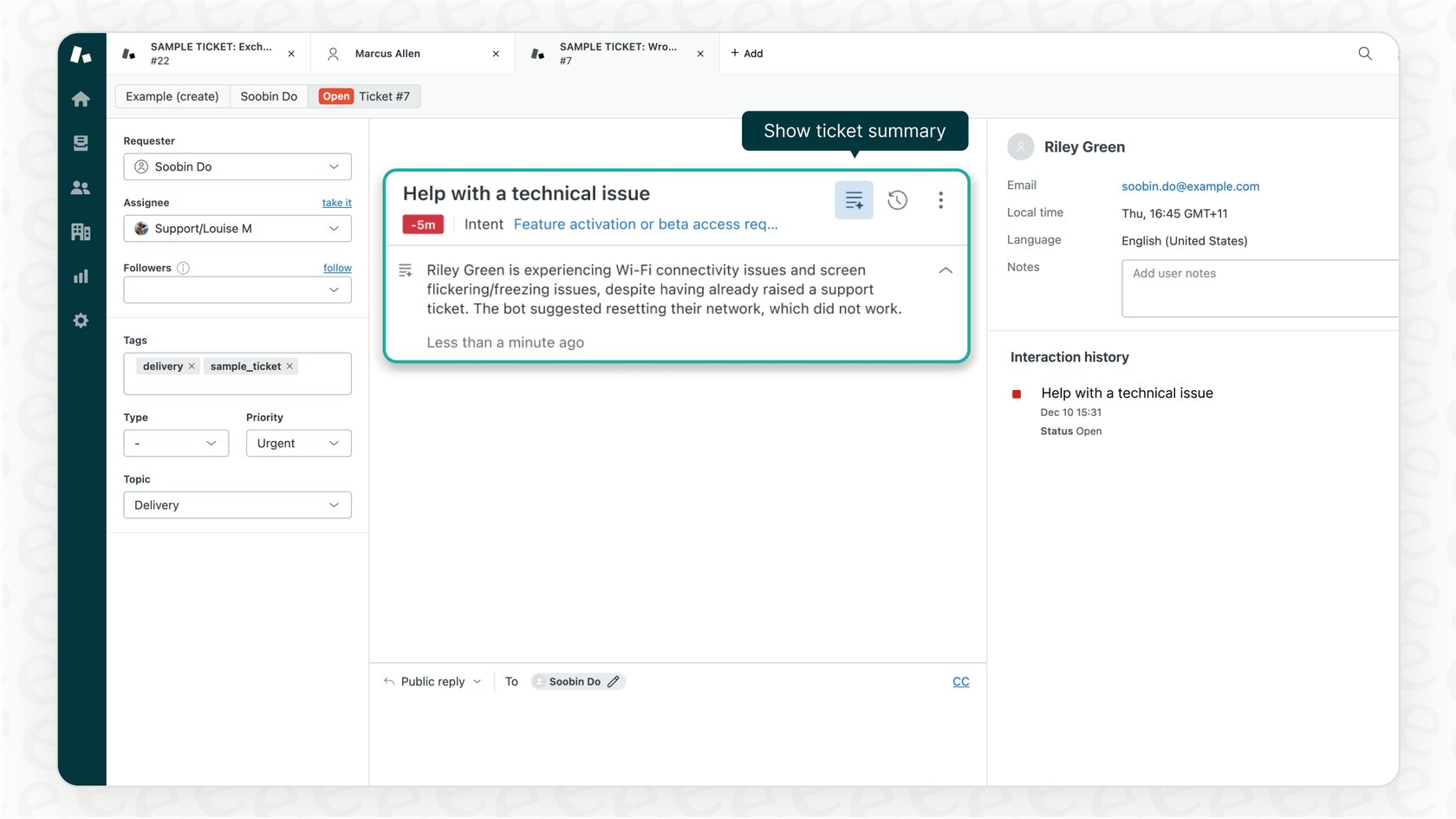 A screenshot showing the AI-generated ticket summary feature within the Zendesk agentic AI workspace.