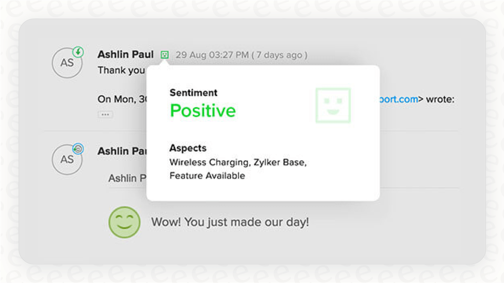 A screenshot of Zoho Desk's Zia AI performing sentiment analysis on a customer ticket, a feature that makes it one of the good AI alternatives for Zendesk.
