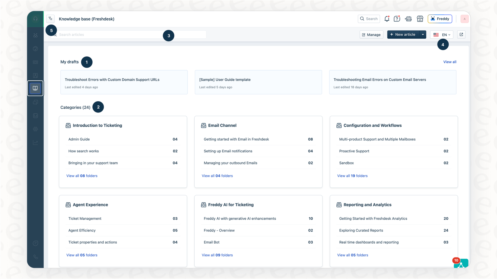 A look at the Freshdesk knowledge base interface where the Solution Article Generator is used.