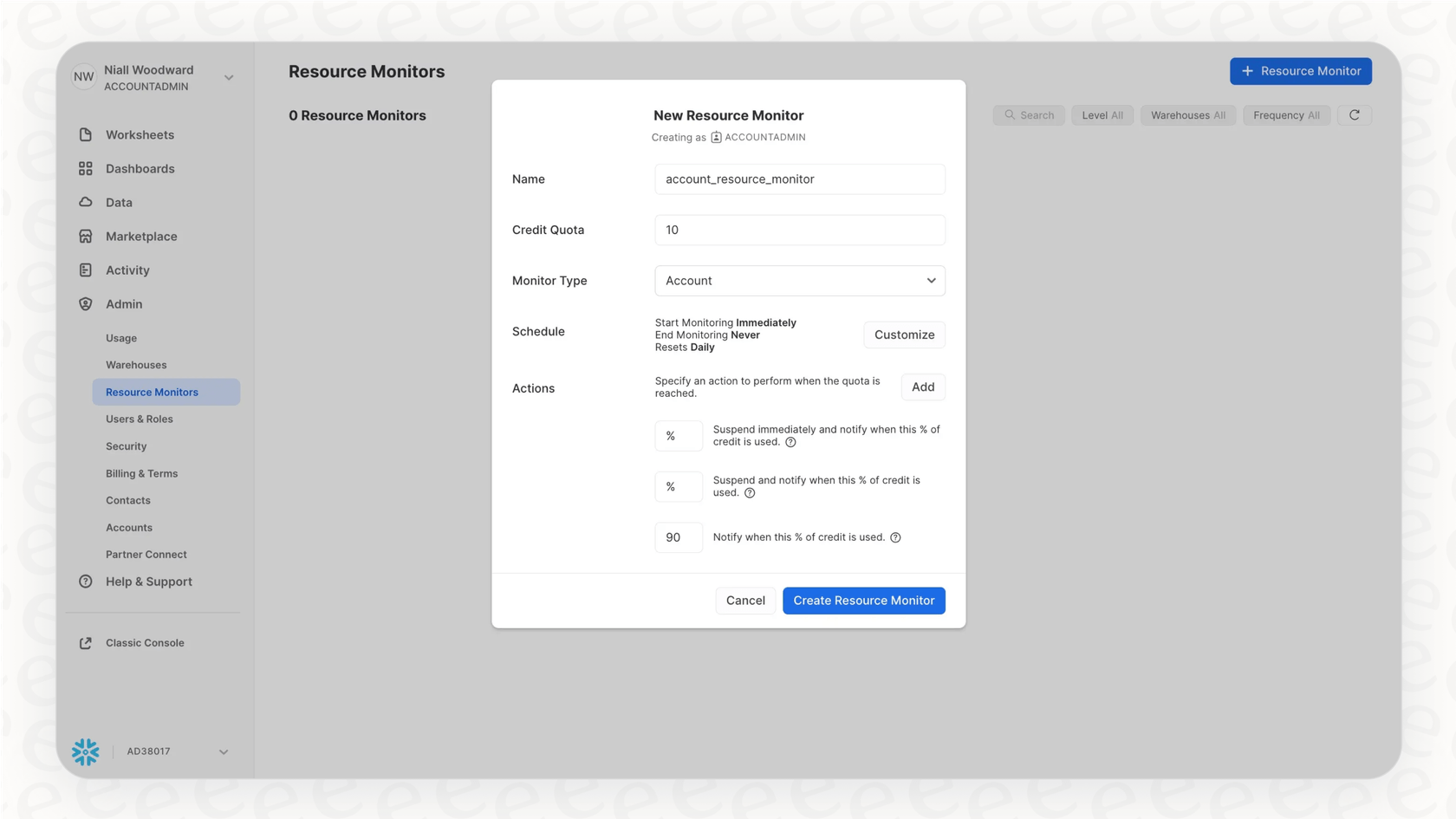 A screenshot of the Snowflake Resource Monitor setup page, an essential tool for controlling Snowflake pricing.