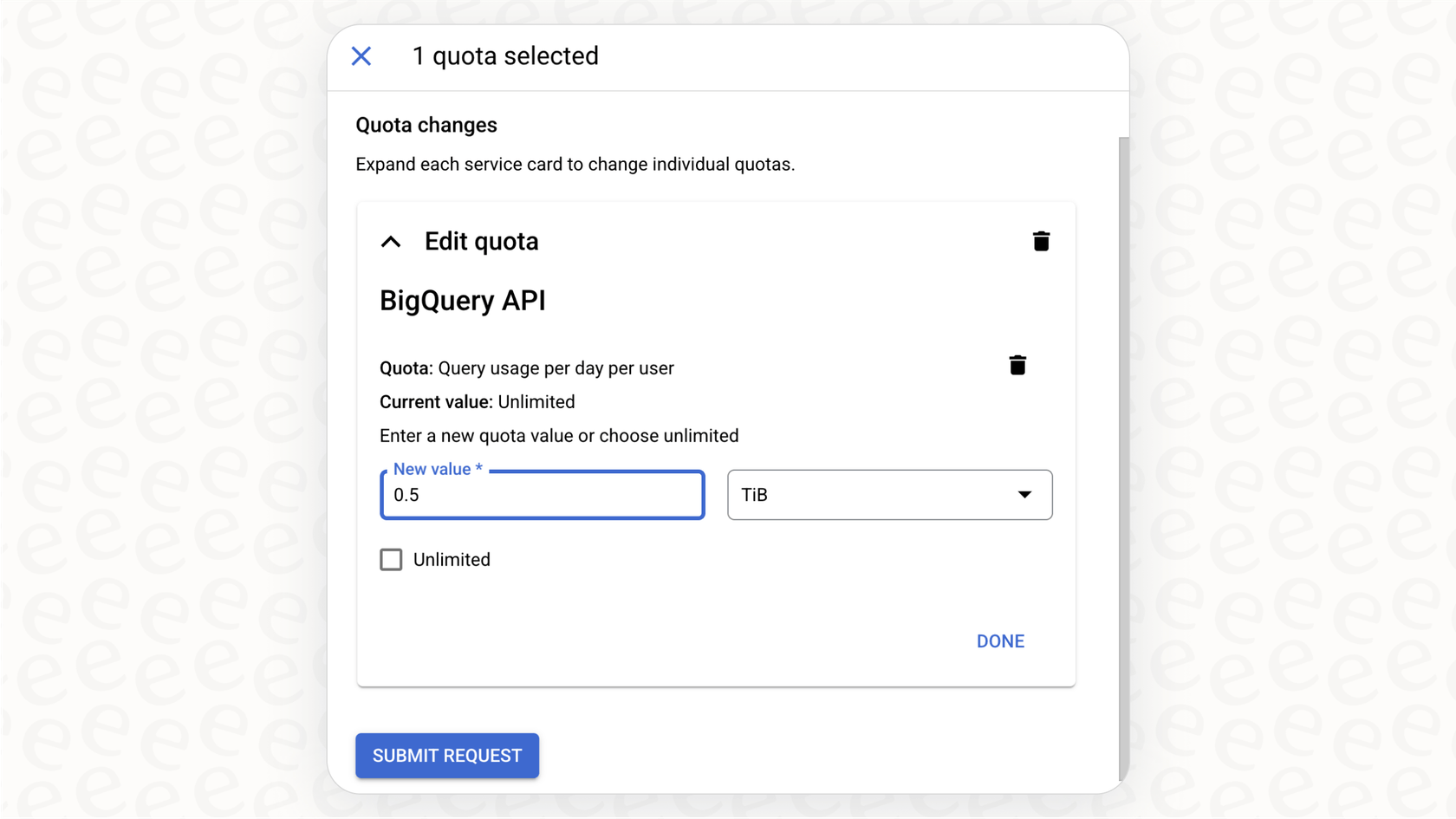 A screenshot of the Google Cloud console where users can set custom quotas and alerts to manage and control their BigQuery pricing.