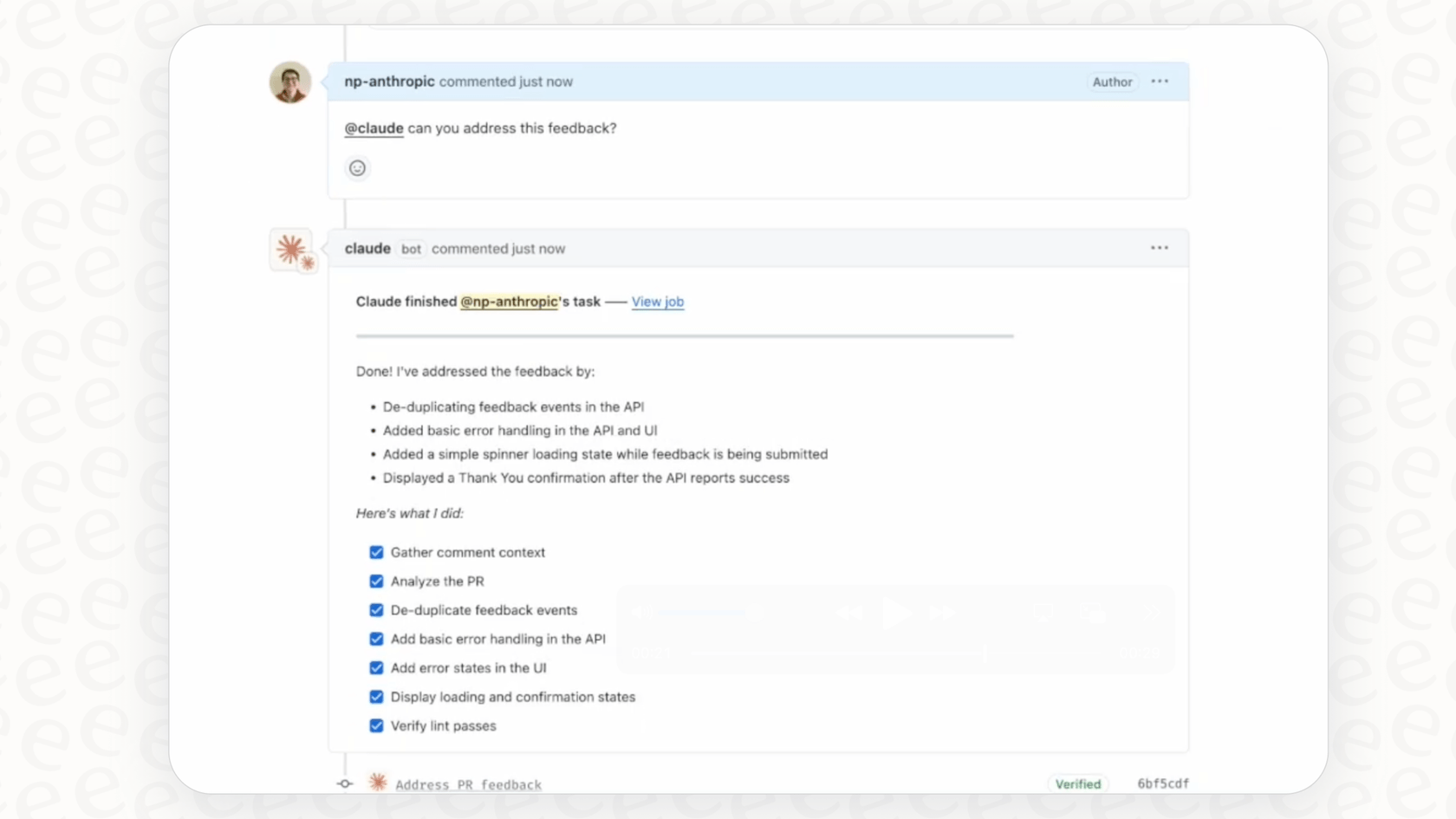 An example of an automated code review performed by a custom coding agent built with the Claude Code SDK.