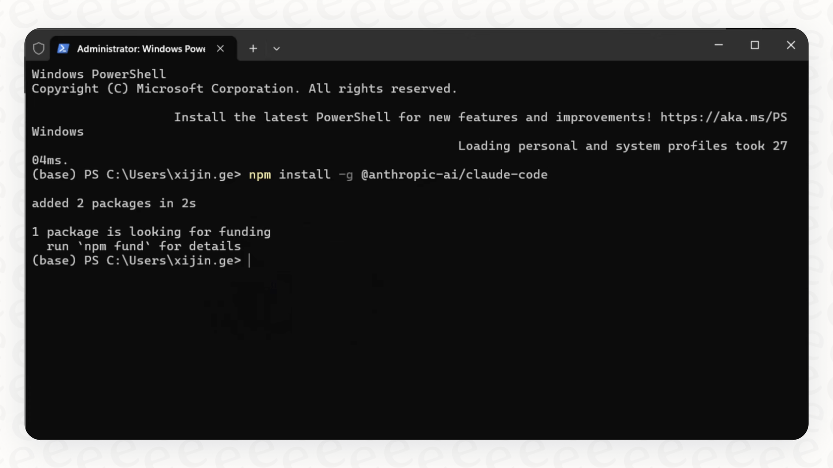 The installation command for Claude Code being run in a terminal window.::