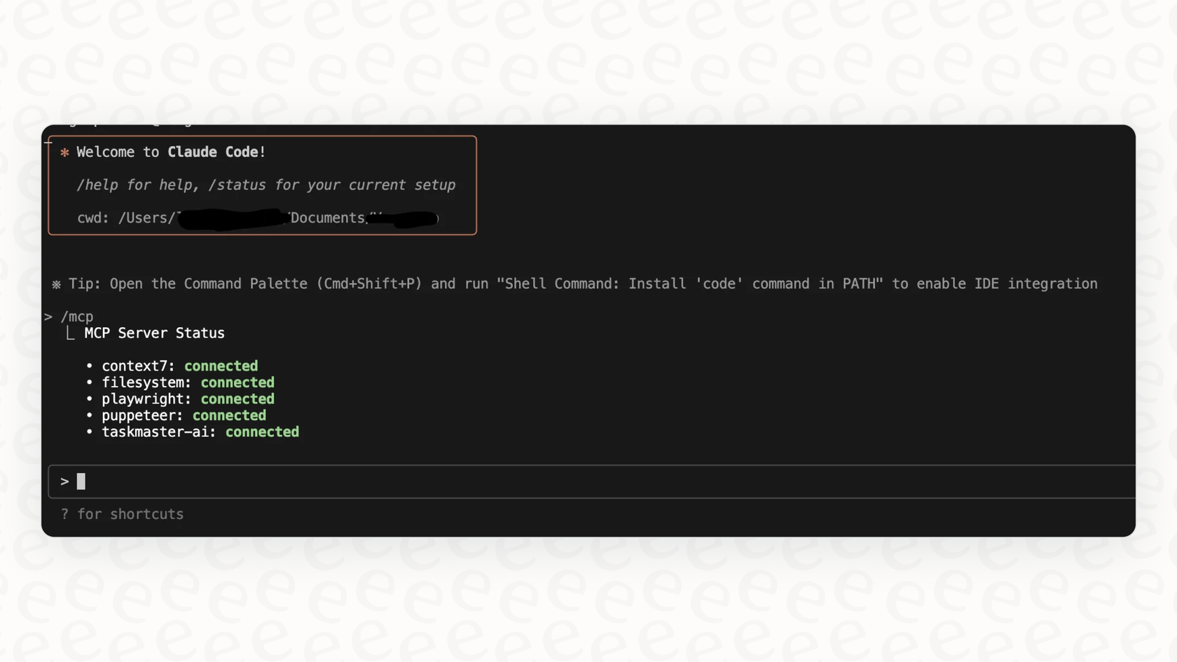 A terminal screenshot showing the command-line setup for an MCP integration with Claude Code, highlighting the technical nature of the process.