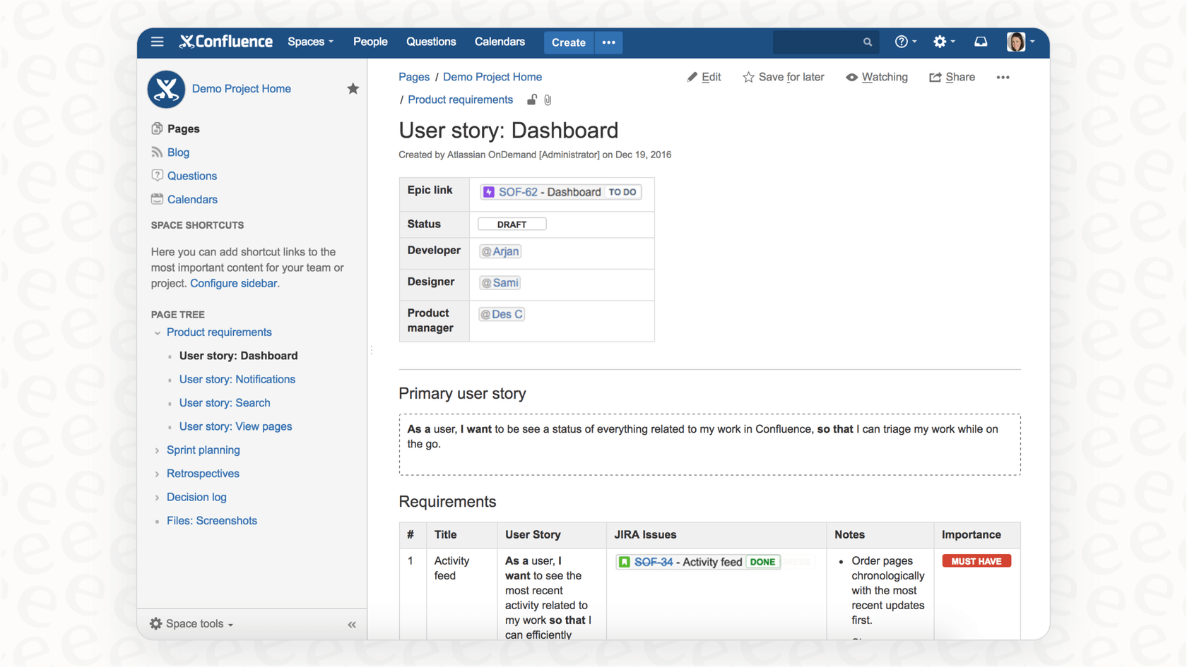 An example of Confluence's powerful integration with Jira, allowing live project statuses to be embedded directly into documents.
