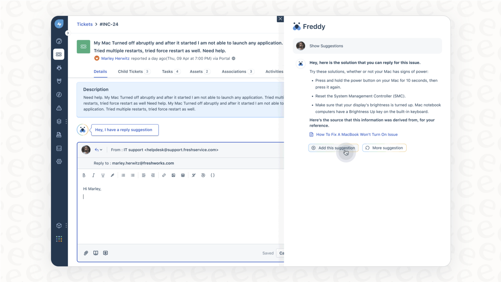 A screenshot showing Freshdesk's Freddy AI Copilot suggesting replies and summarizing a ticket for a support agent.