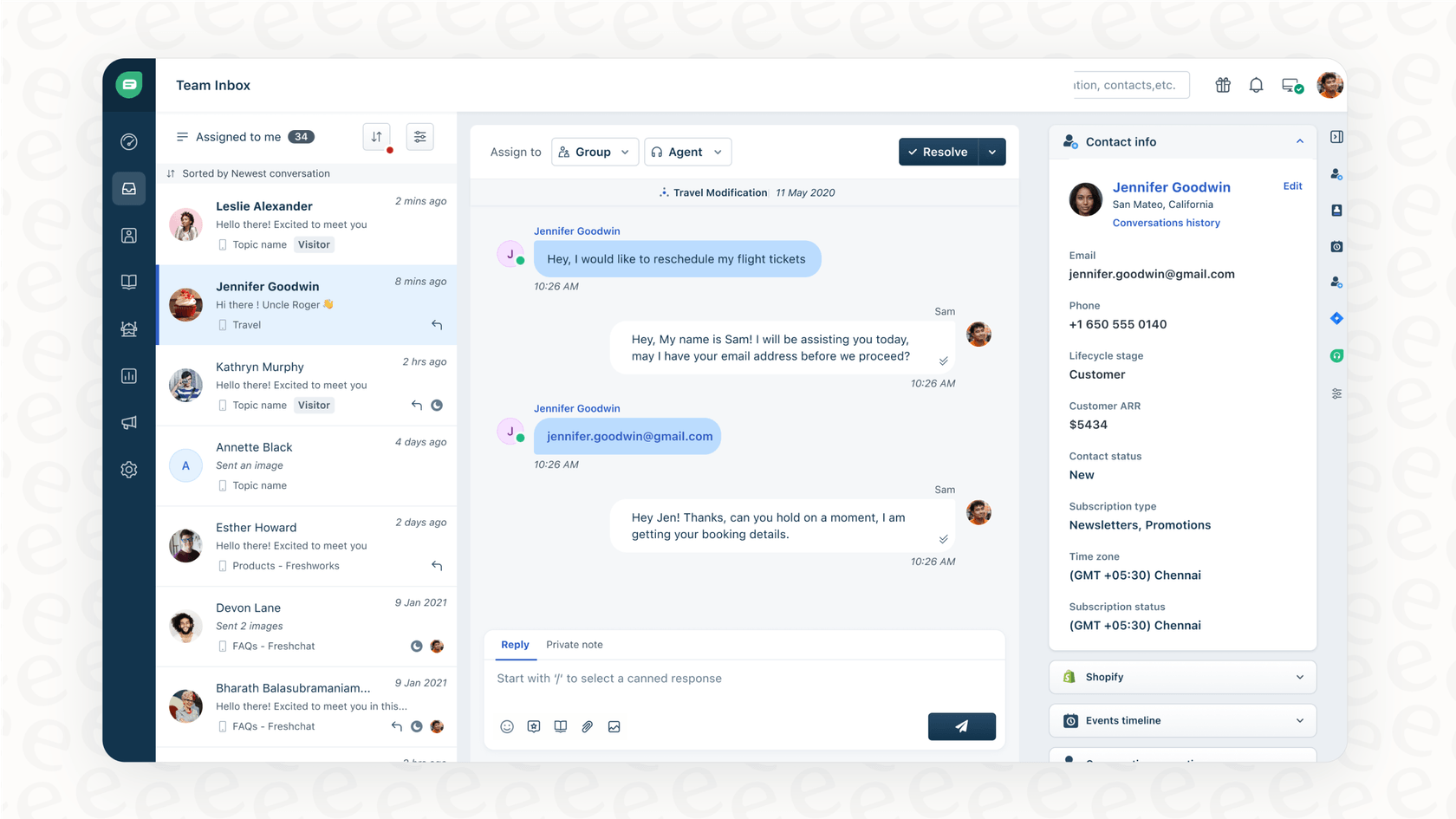 The Freshdesk chatbot omnichannel inbox, displaying customer conversations from various channels.::