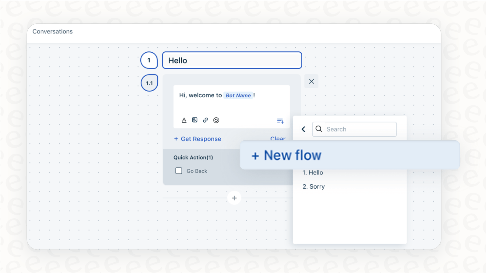 A screenshot of the Freshdesk chatbot builder, showing the no-code interface for creating conversation flows.