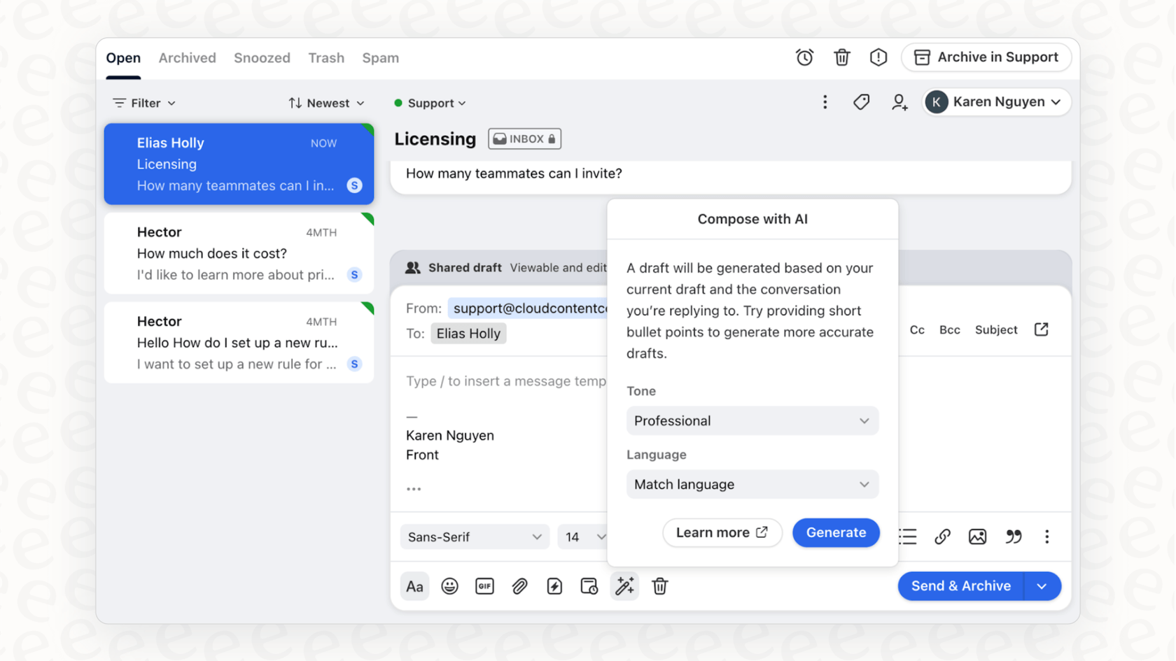 FrontのネイティブAI機能の紹介。FrontにAIを統合して返信を作成する方法を示しています。