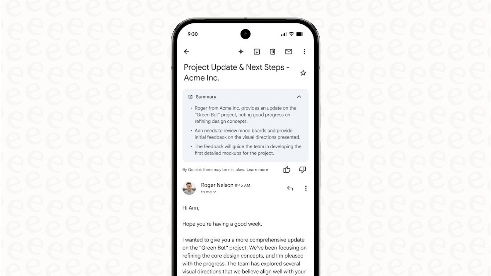 Gmailのメールスレッド要約機能が動作している様子のスクリーンショット。
