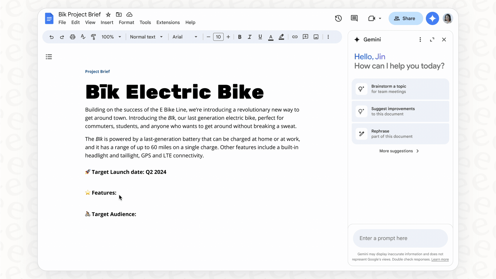 A screenshot of Google Gemini's integration within Google Docs, illustrating its practical application.