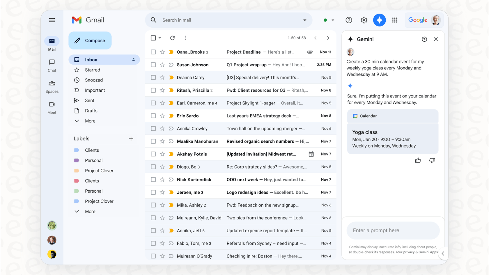 O painel lateral do Gemini funciona como um assistente de chat dentro da interface da IA do Gmail no telemóvel e na web.::