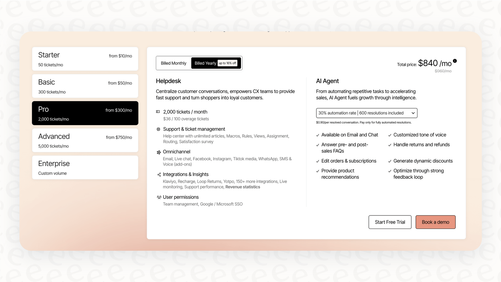 A view of the Gorgias agent pricing page, which details the various available plans.::