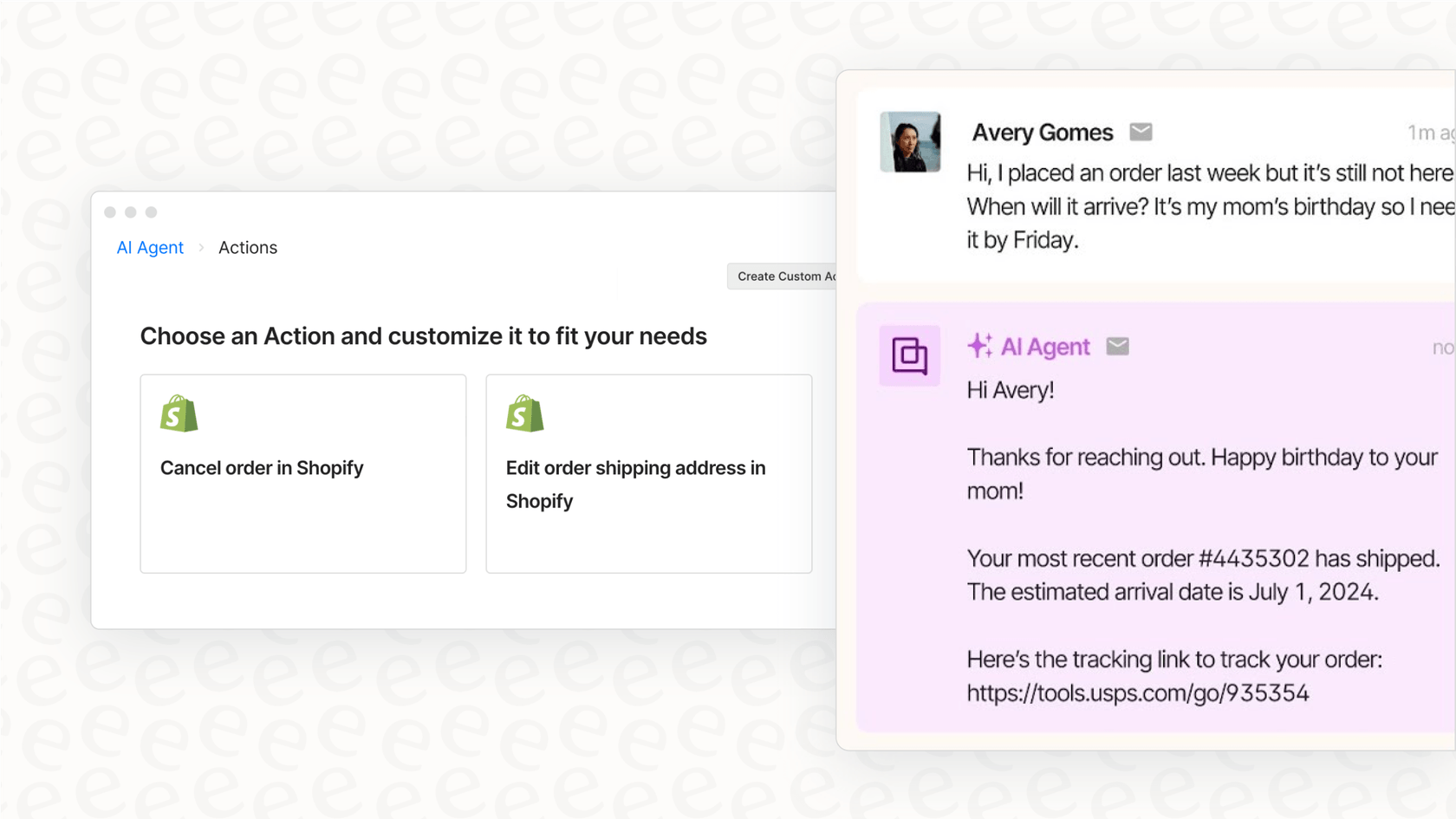 A view of the Gorgias platform showing how AI Agent Actions integrate directly with Shopify to automate tasks like order cancellations.