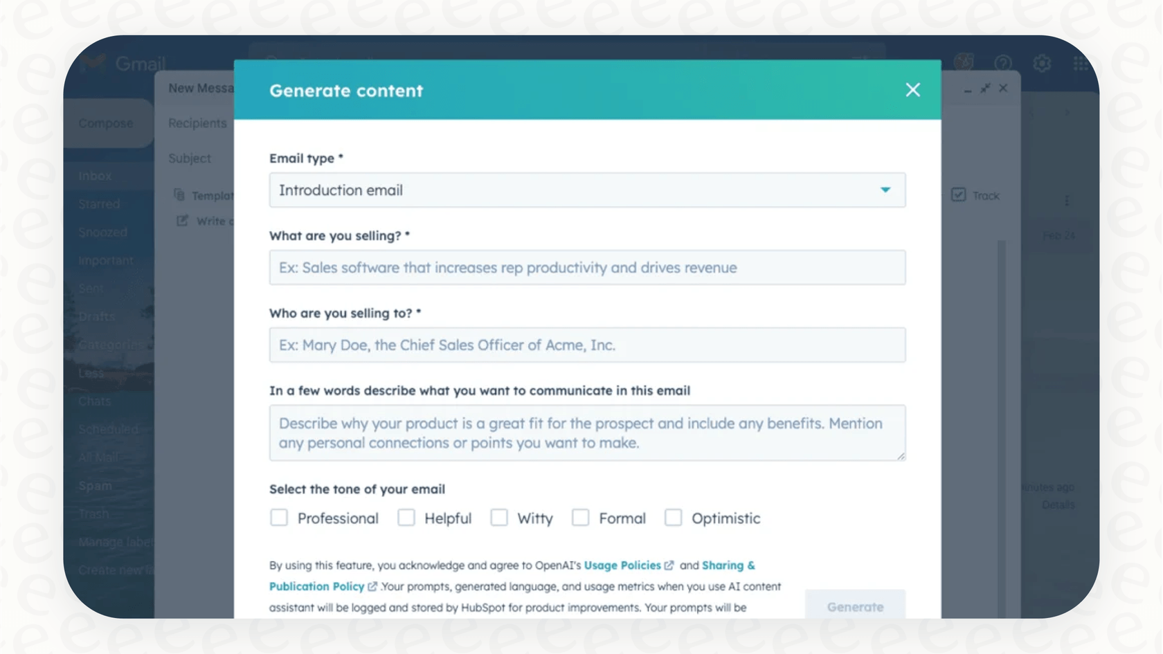 A look at the content generation feature in HubSpot Copilot.