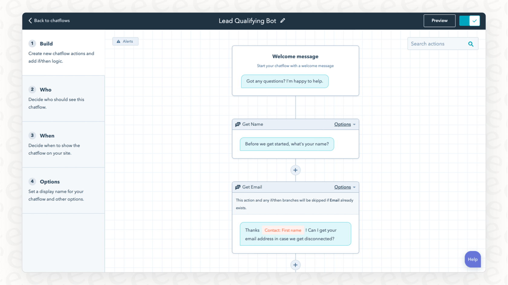 A screenshot of the HubSpot chatbot chatflows builder, illustrating its rule-based nature.::