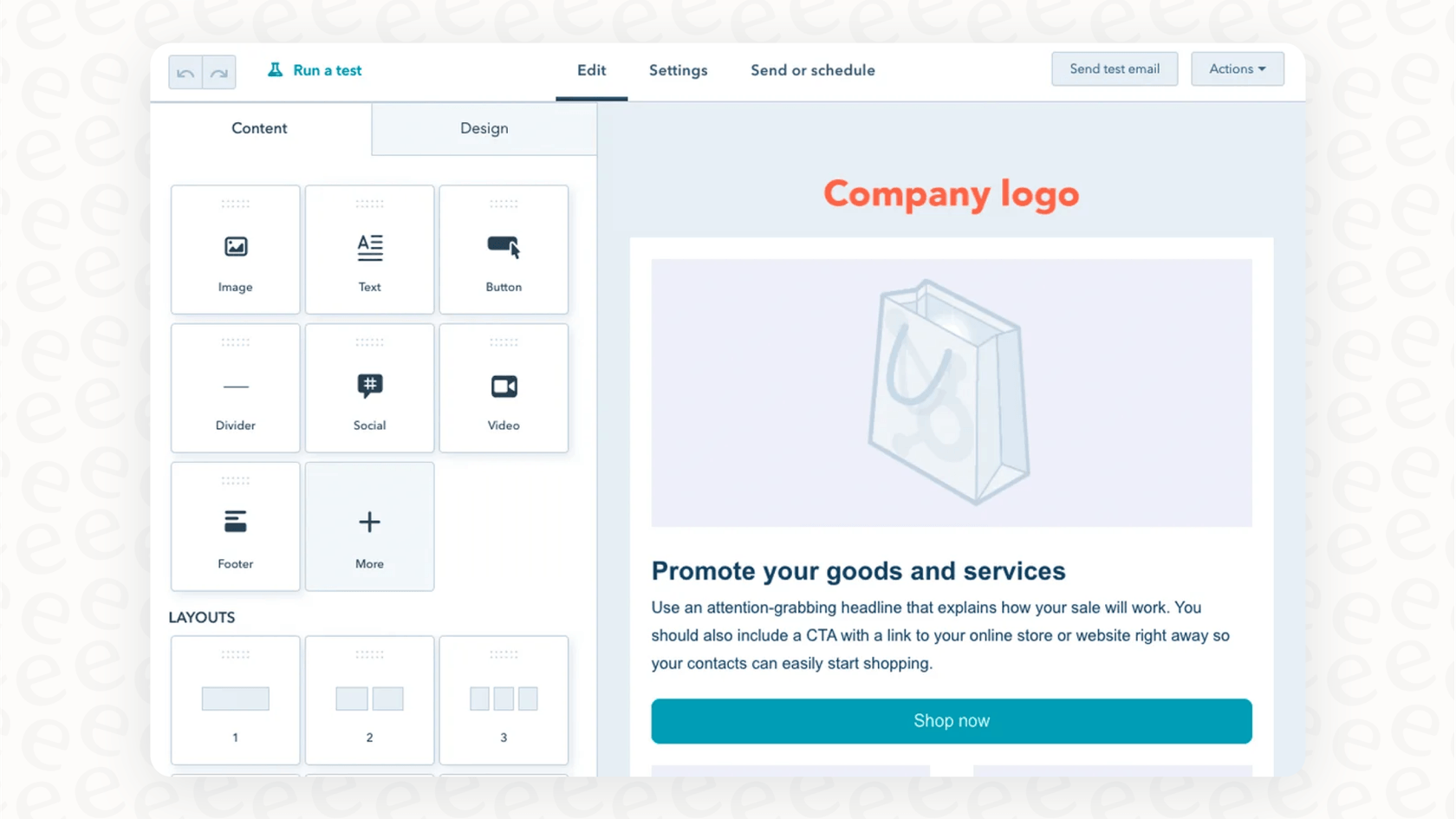 A screenshot of the HubSpot email builder, which is a great example of how to use AI in HubSpot CRM to create marketing emails.::