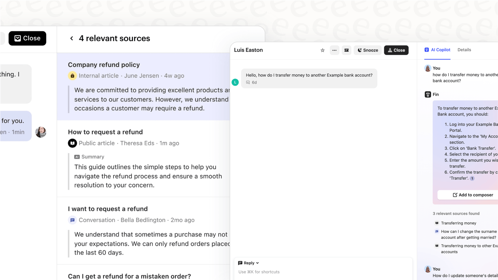 A screenshot of the Intercom AI Copilot in action, illustrating the main components of the Intercom AI assistant.