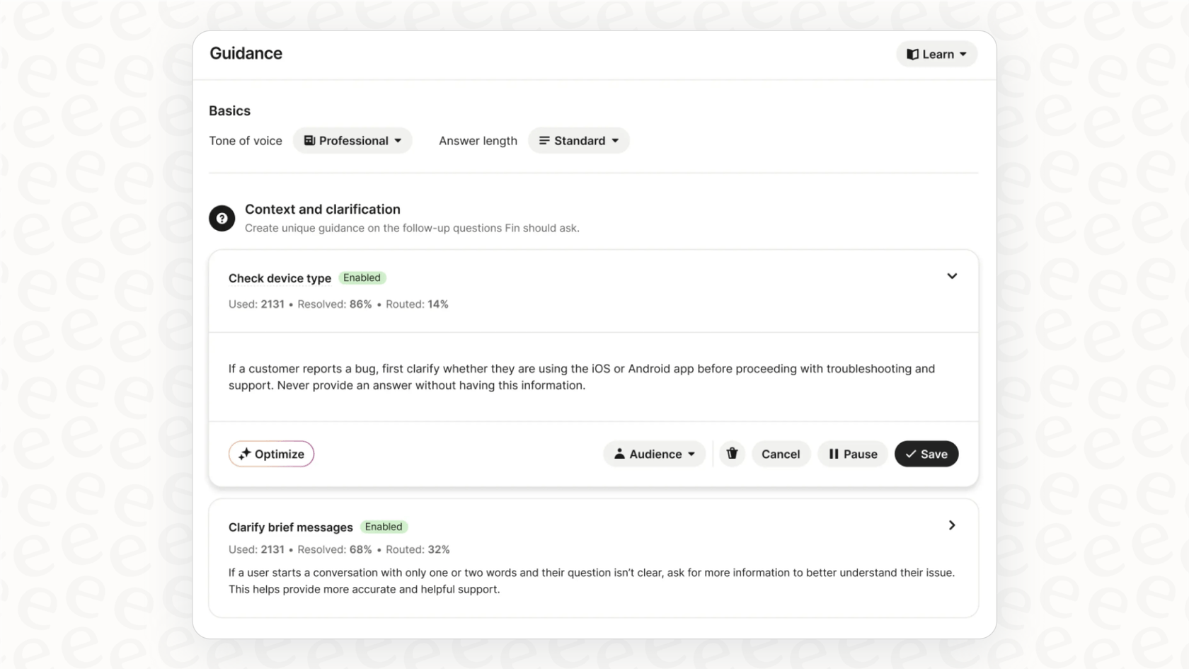 Cette image montre les paramètres de directives du chatbot dans Intercom, une partie importante de l'apprentissage de l'utilisation de Fin AI.