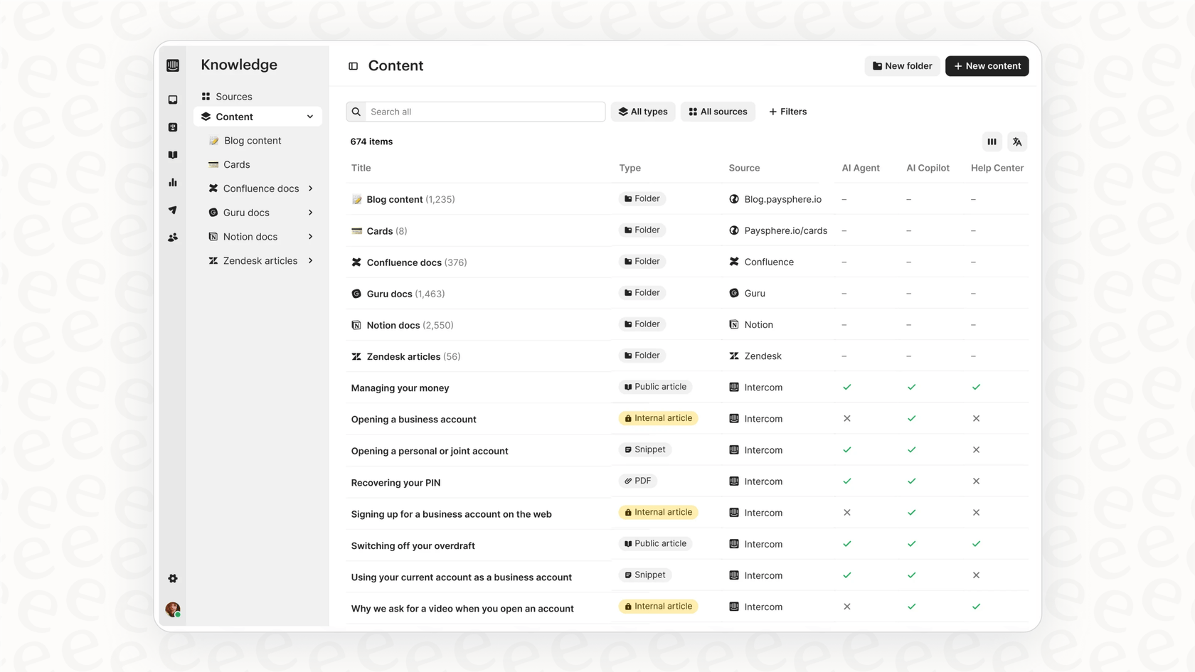 An image displaying the interface for connecting various knowledge sources to the Intercom chatbot.