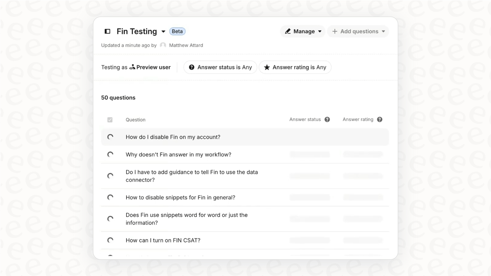 A interface de teste do Fin, o agente de IA do Intercom, usada para automação mais avançada.