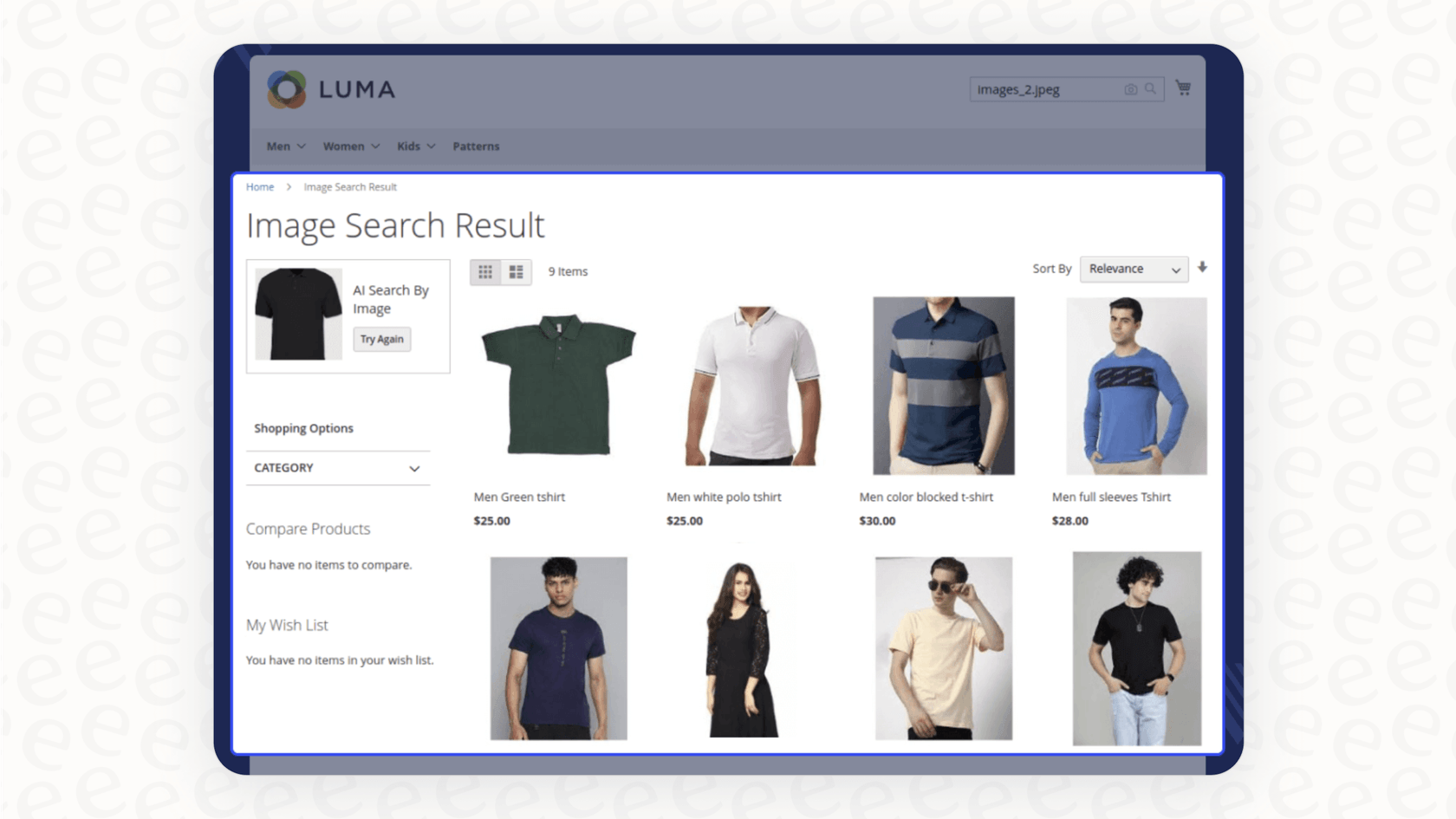 A screenshot of the Magento AI Image Search feature, which demonstrates how Magento AI Intelligent Faceting can handle complex search queries.