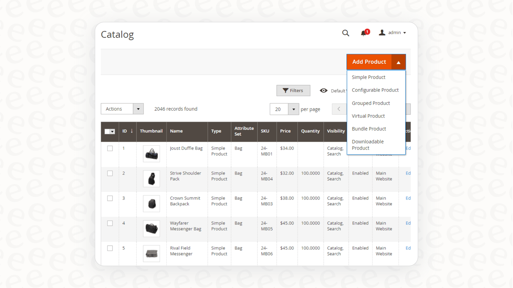 A view of a Magento product catalog, which AI tools use for product description generation.