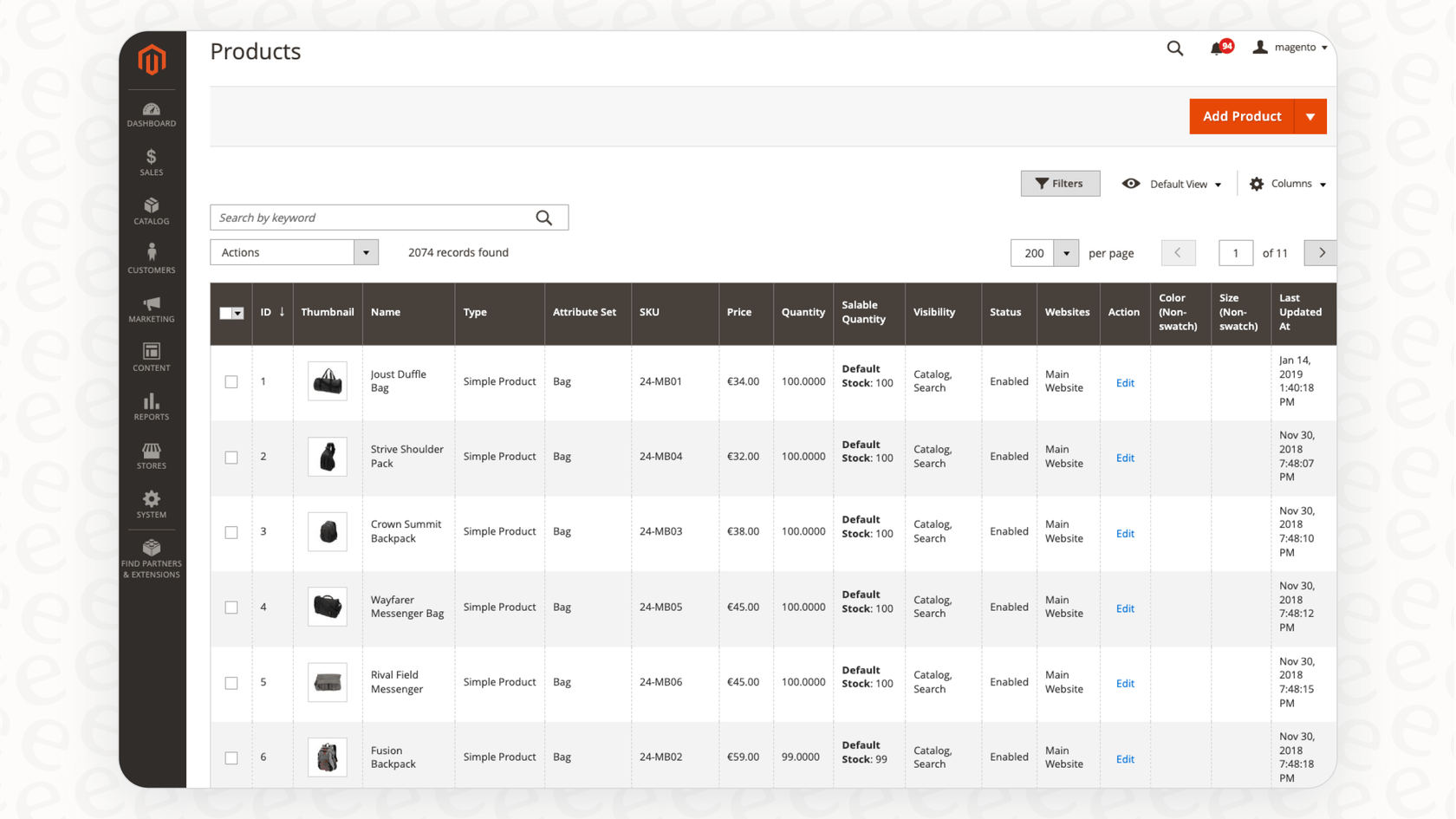 The product grid in Magento, where users can select multiple items for bulk content creation.