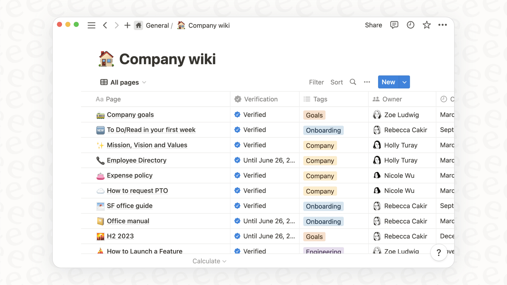 A screenshot of a company wiki in Notion, highlighting its strength as one of the leading Airtable alternatives for documentation.::